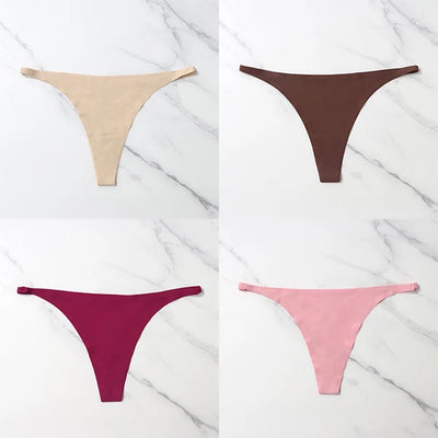 Lote com 4 peças de calcinhas sensuais sem costura, roupa íntima feminina, com cordão de seda gelo, cintura fina, tanga feminina, lisa, tanga feminina, costas nuas