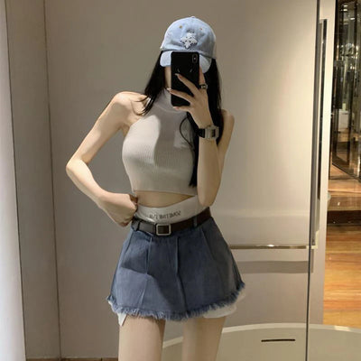 Gidyq Saias Jeans de Cintura Alta Femininas Verão Moda Coreana Patchwork Mini Saias Streetwear Feminino Casual Borlas Saias Jeans
