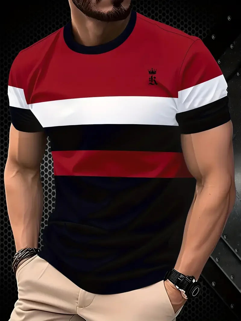 Camiseta masculina clássica de verão para atividades ao ar livre, gola redonda, manga curta, listrada, estampa de rua, camiseta solta, roupa grande masculina