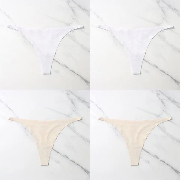 Lote com 4 peças de calcinhas sensuais sem costura, roupa íntima feminina, com cordão de seda gelo, cintura fina, tanga feminina, lisa, tanga feminina, costas nuas