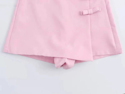 TRAF Saia-calça curta feminina com laço rosa, cintura alta, mini saia branca, moda verão, feminina, streetwear, culottes assimétricas