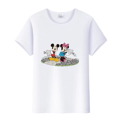 Camisetas fofas de desenho animado da Disney, Mickey Mouse, estampa de leopardo, Minnie, camiseta feminina, verão, branca, manga curta, gola redonda, tops masculinos
