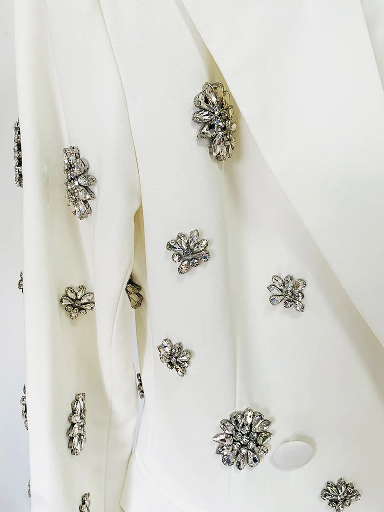 Conjunto de terno de grife da moda 2024 da High Street, luxuoso, com strass, diamantes, contas, blazer, calça flare, 2 peças