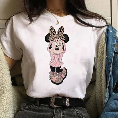 Camisetas fofas de desenho animado da Disney, Mickey Mouse, estampa de leopardo, Minnie, camiseta feminina, verão, branca, manga curta, gola redonda, tops masculinos