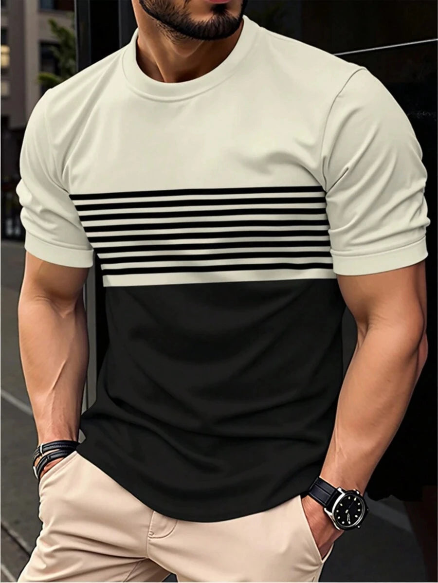 Camiseta masculina para atividades ao ar livre, moda verão, casual, gola redonda, manga curta, listrada, estilo estampado, tamanho asiático, roupa masculina, camiseta