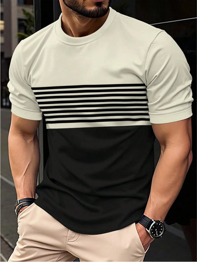 Camiseta masculina para atividades ao ar livre, moda verão, casual, gola redonda, manga curta, listrada, estilo estampado, tamanho asiático, roupa masculina, camiseta