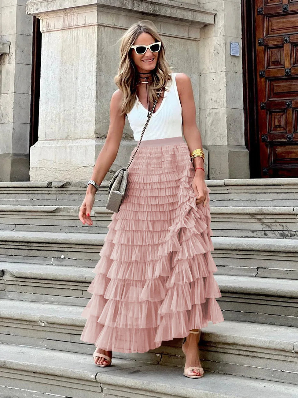 Saias casuais sólidas femininas em camadas, saia de tule com cintura alta, plissada, longa, tutu, elegantes, para mulheres, malha selvagem, saias longas para encontros