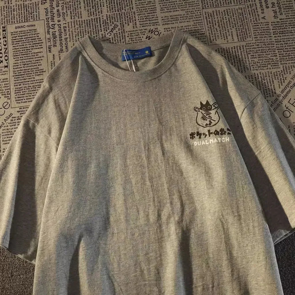 Camiseta de manga curta estampada com desenho de gato retrô japonês de verão, masculina e feminina, para casais, estilo universitário, top grande