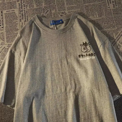 Camiseta de manga curta estampada com desenho de gato retrô japonês de verão, masculina e feminina, para casais, estilo universitário, top grande