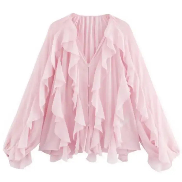 Camisas femininas elegantes, soltas, de manga comprida, em camadas, para escritório, vintage, com decote em V, translúcidas, com babados em camadas, verão 2025