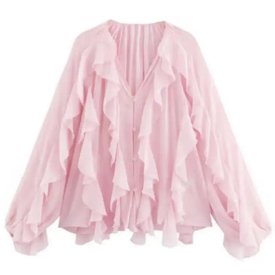 Camisas femininas elegantes, soltas, de manga comprida, em camadas, para escritório, vintage, com decote em V, translúcidas, com babados em camadas, verão 2025