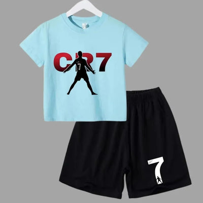 Terno esportivo infantil de verão 2025, camiseta casual de manga curta + shorts, roupa esportiva infantil CR7 Ronaldo
