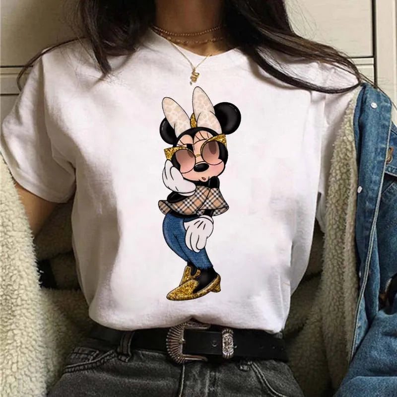 Camisetas fofas de desenho animado da Disney, Mickey Mouse, estampa de leopardo, Minnie, camiseta feminina, verão, branca, manga curta, gola redonda, tops masculinos