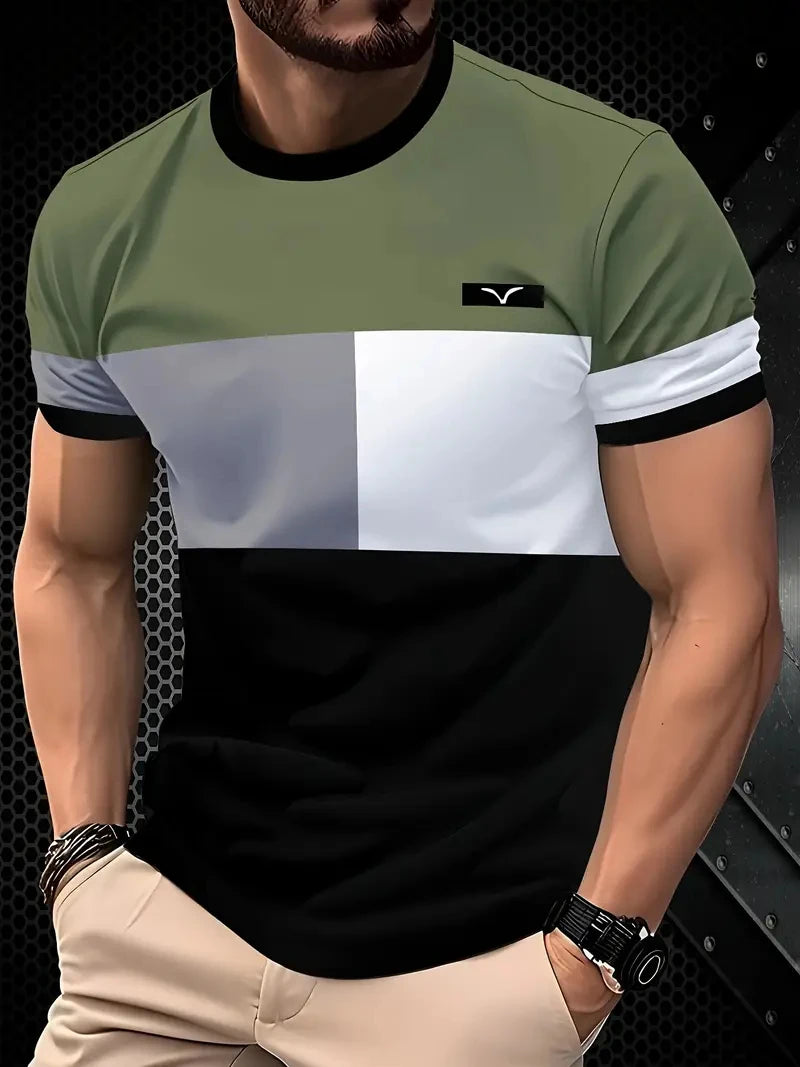 Camiseta masculina de manga curta, respirável, gola redonda, listrada, estampada, tamanho grande, solta, para o verão