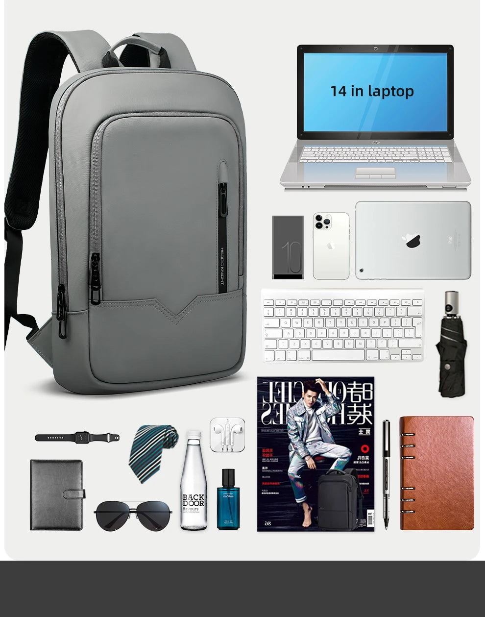 Mochila Heroic Knight para laptop de 14" Mochila fina masculina multifuncional para negócios, à prova d'água, com carregamento USB, mochila de viagem para trabalho