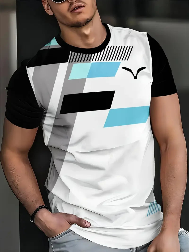Camiseta masculina clássica de verão para atividades ao ar livre, gola redonda, manga curta, listrada, estampa de rua, camiseta solta, roupa grande masculina