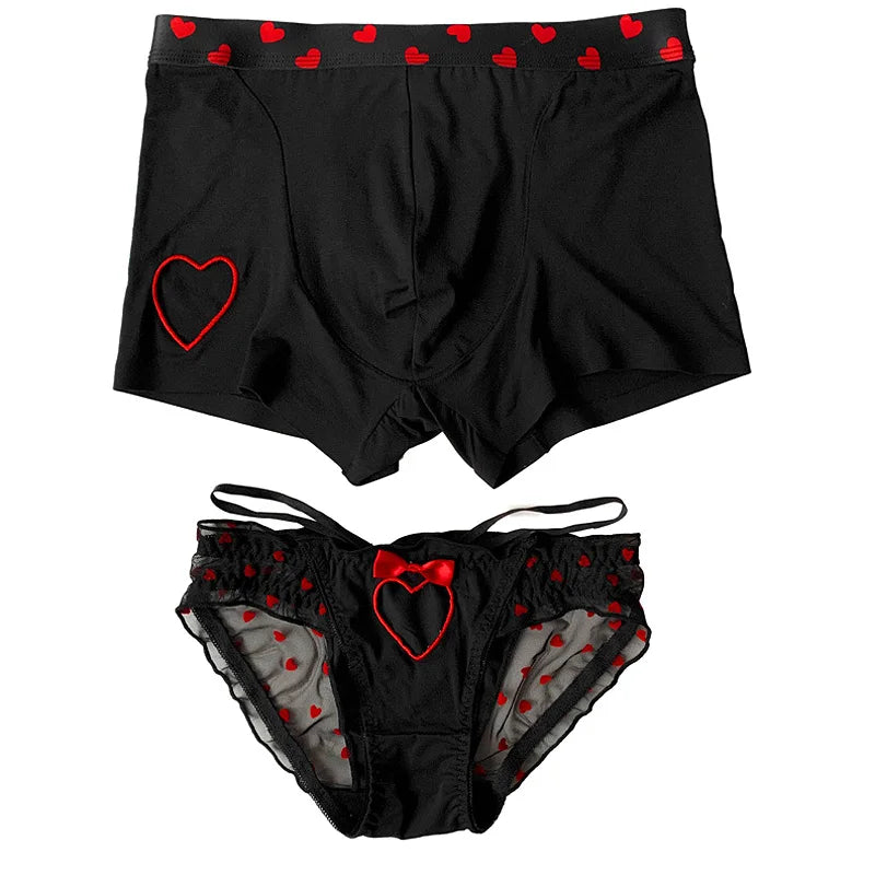 Novas cuecas de casal com estampa de coração, sexy, femininas, masculinas, cuecas boxer respiráveis, lingerie para namorado e namorada