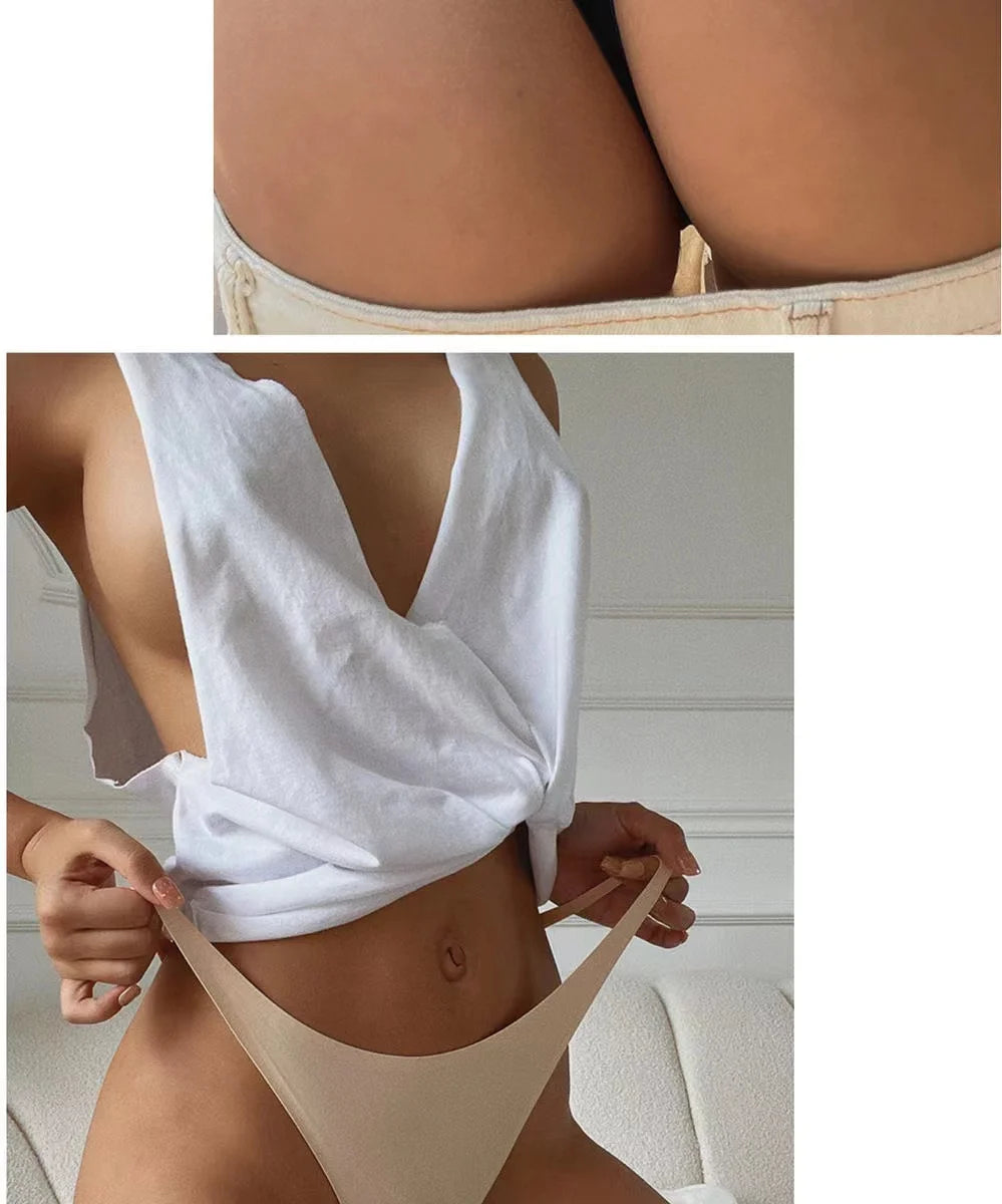 Lote com 4 peças de calcinhas sensuais sem costura, roupa íntima feminina, com cordão de seda gelo, cintura fina, tanga feminina, lisa, tanga feminina, costas nuas