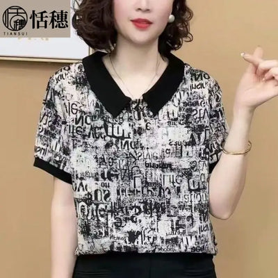 Camiseta feminina de verão, estampa de escritório, gola polo, manga curta, casual, solta, fina, para combinar