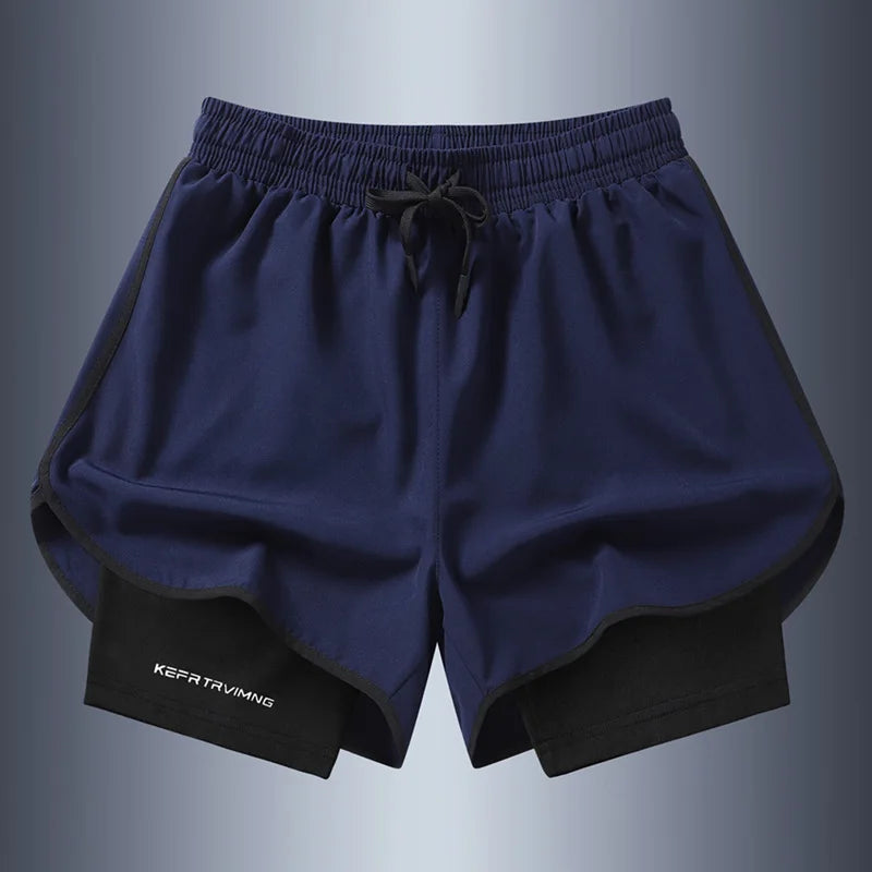 Shorts esportivos casuais anti-exposição de camada dupla masculinos, mais vendidos no verão, para corrida, fitness, calças três quartos