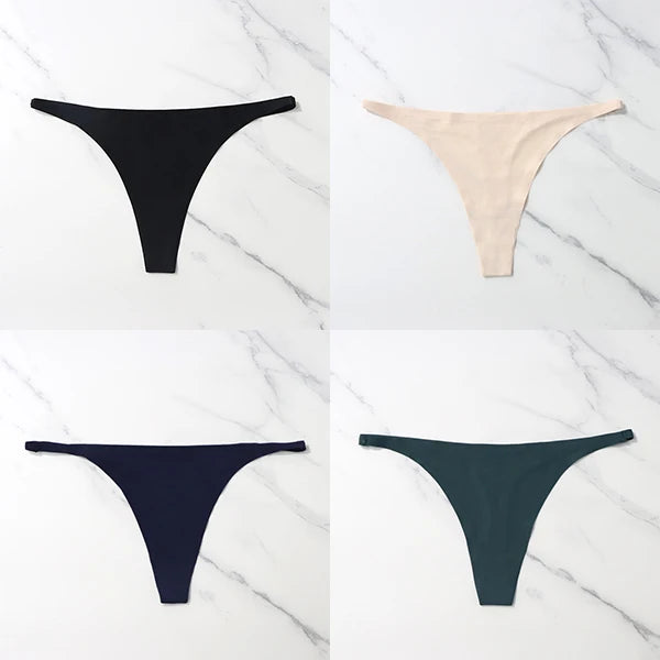Lote com 4 peças de calcinhas sensuais sem costura, roupa íntima feminina, com cordão de seda gelo, cintura fina, tanga feminina, lisa, tanga feminina, costas nuas