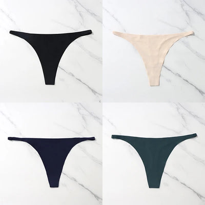 Lote com 4 peças de calcinhas sensuais sem costura, roupa íntima feminina, com cordão de seda gelo, cintura fina, tanga feminina, lisa, tanga feminina, costas nuas