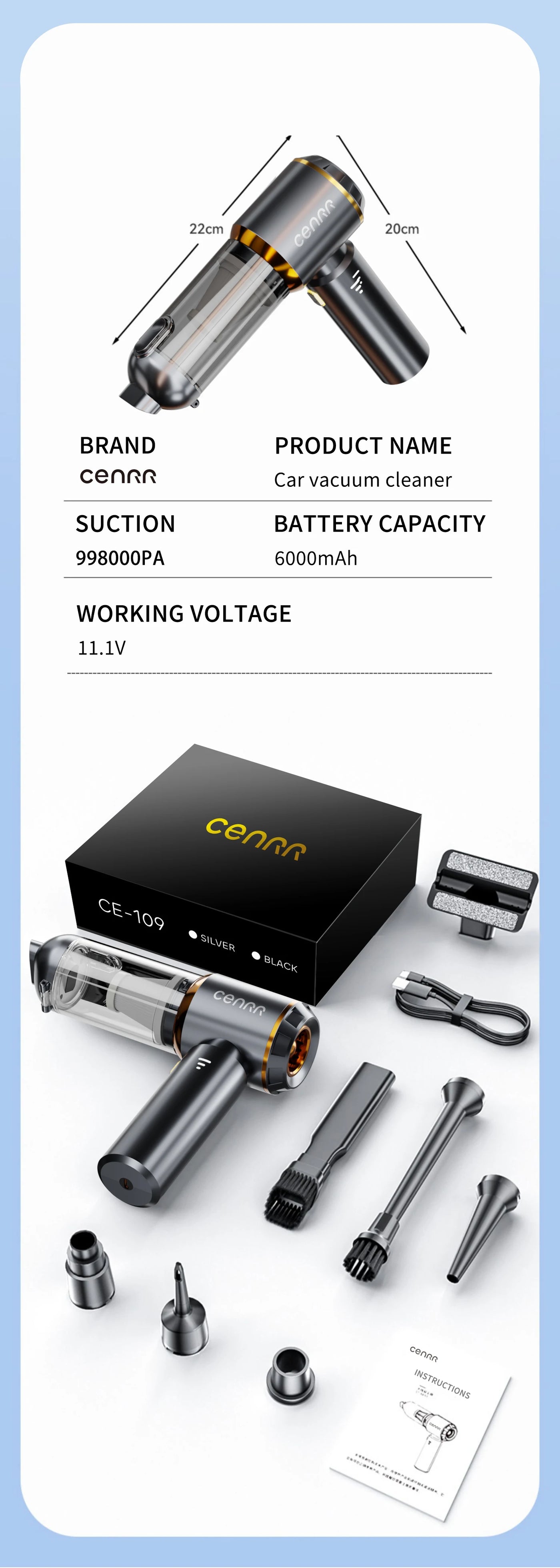 Aspirador de pó automotivo CENRR 998000PA com forte sucção, sem fio, portátil, máquina de limpeza
