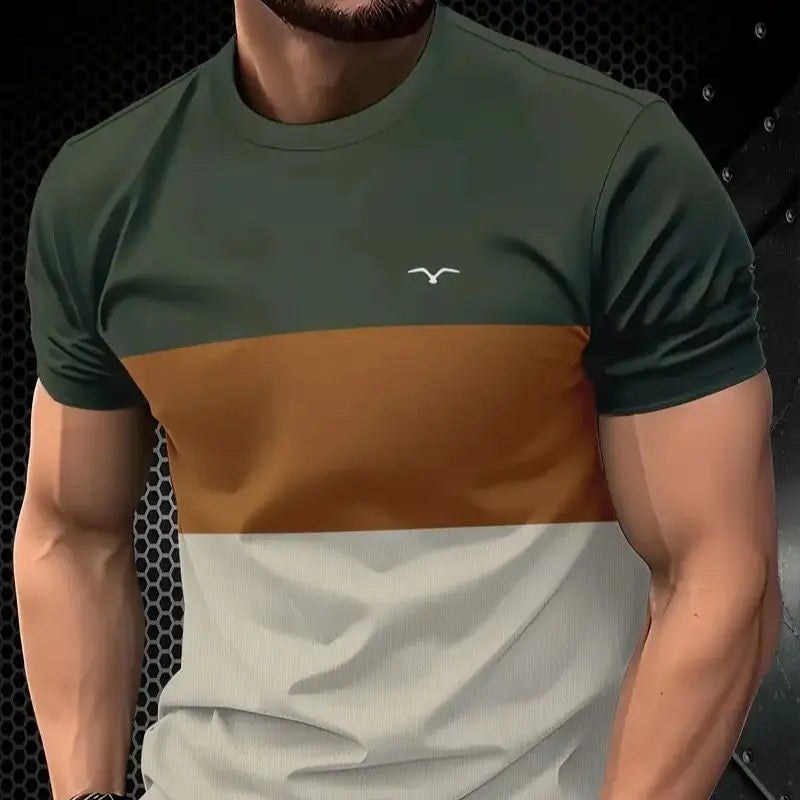 Camiseta masculina de manga curta, respirável, gola redonda, listrada, estampada, tamanho grande, solta, para o verão