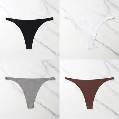 Lote com 4 peças de calcinhas sensuais sem costura, roupa íntima feminina, com cordão de seda gelo, cintura fina, tanga feminina, lisa, tanga feminina, costas nuas