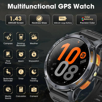 Relógio inteligente LIGE GPS premium, novo, altímetro, barômetro, tela AMOLED, GPS e bússola integrados, relógio inteligente esportivo militar masculino