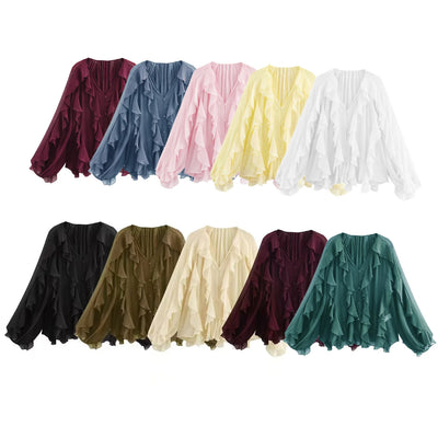 Camisas femininas elegantes, soltas, de manga comprida, em camadas, para escritório, vintage, com decote em V, translúcidas, com babados em camadas, verão 2025