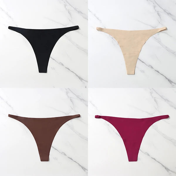 Lote com 4 peças de calcinhas sensuais sem costura, roupa íntima feminina, com cordão de seda gelo, cintura fina, tanga feminina, lisa, tanga feminina, costas nuas