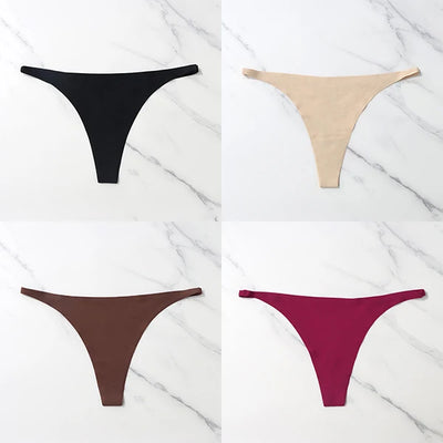 Lote com 4 peças de calcinhas sensuais sem costura, roupa íntima feminina, com cordão de seda gelo, cintura fina, tanga feminina, lisa, tanga feminina, costas nuas
