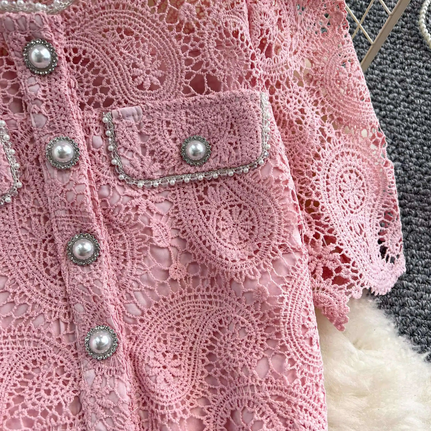 Elegante vestido longo de pérolas, conjunto feminino de 2 peças, manga curta, flor, bordado, camisa de renda, saia midi evasê