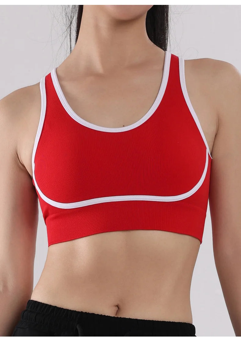 Sutiã esportivo de ioga com contraste de cores SVEIC, sem costura, vazado, costas bonitas, roupa íntima para treino fitness, à prova de choque, para corrida e academia