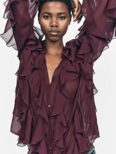 Camisas femininas elegantes, soltas, de manga comprida, em camadas, para escritório, vintage, com decote em V, translúcidas, com babados em camadas, verão 2025