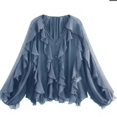 Camisas femininas elegantes, soltas, de manga comprida, em camadas, para escritório, vintage, com decote em V, translúcidas, com babados em camadas, verão 2025