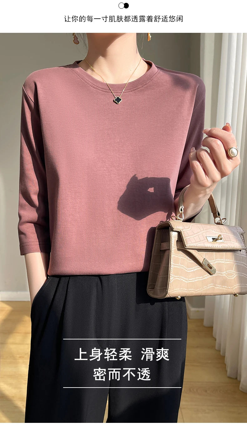 Camiseta feminina de manga curta de algodão mercerizado branco, nova primavera e verão, coringa, algodão, manga curta, camisa