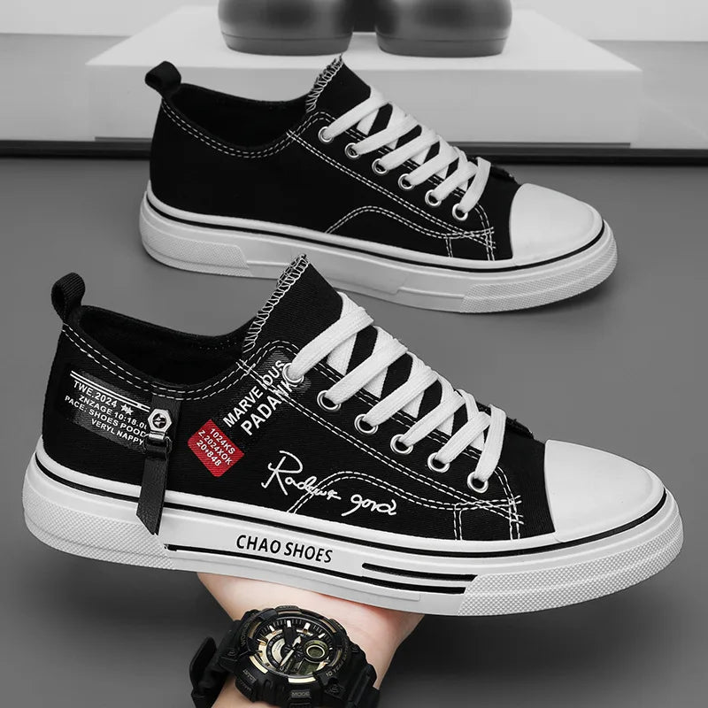 Sapatos casuais masculinos de lona, tênis masculinos respiráveis, calçados esportivos masculinos, sapato de tecido preto, tendência, letra, sapato masculino, tênis de cano baixo