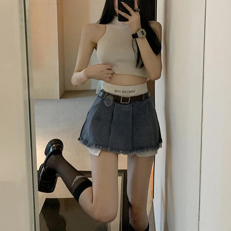 Gidyq Saias Jeans de Cintura Alta Femininas Verão Moda Coreana Patchwork Mini Saias Streetwear Feminino Casual Borlas Saias Jeans