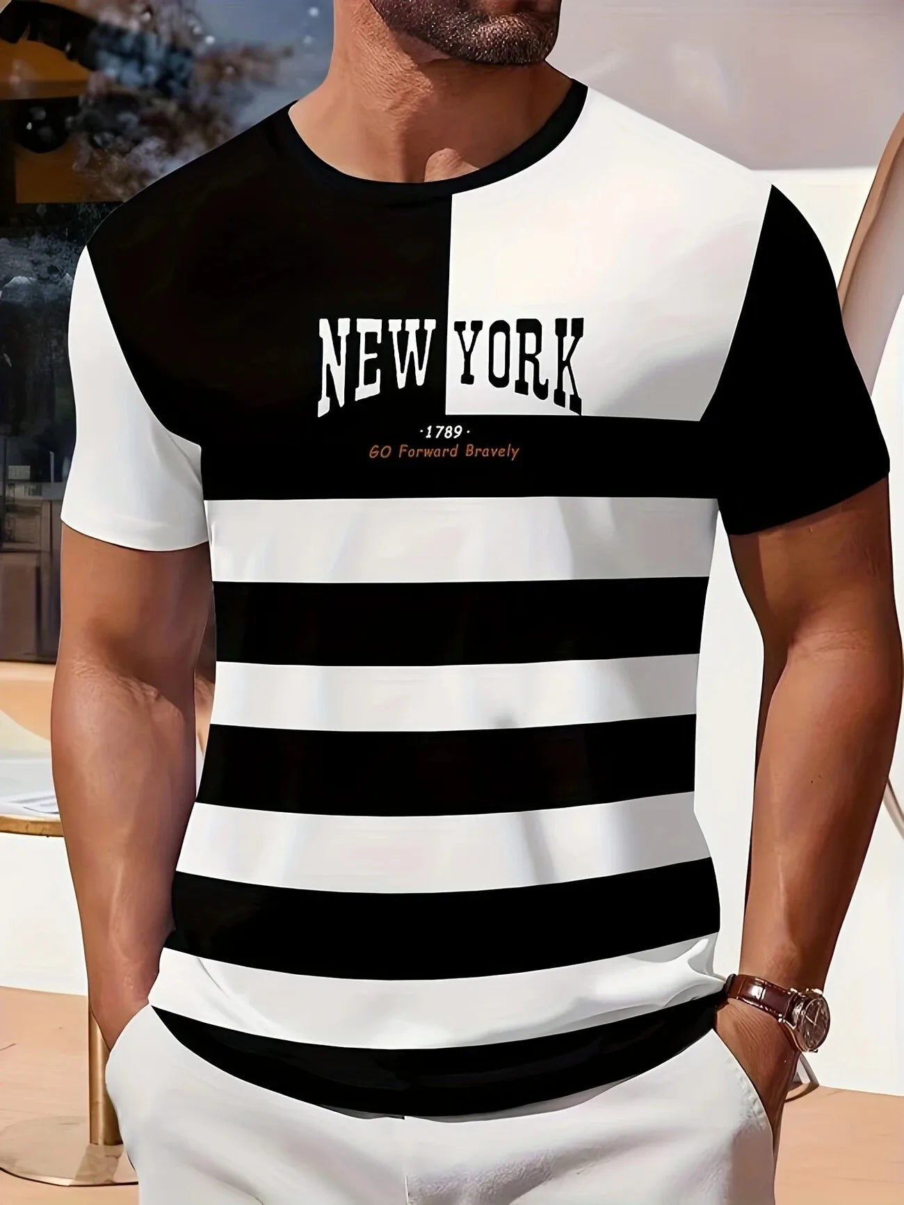 Camiseta masculina para atividades ao ar livre, moda verão, casual, gola redonda, manga curta, listrada, estilo estampado, tamanho asiático, roupa masculina, camiseta