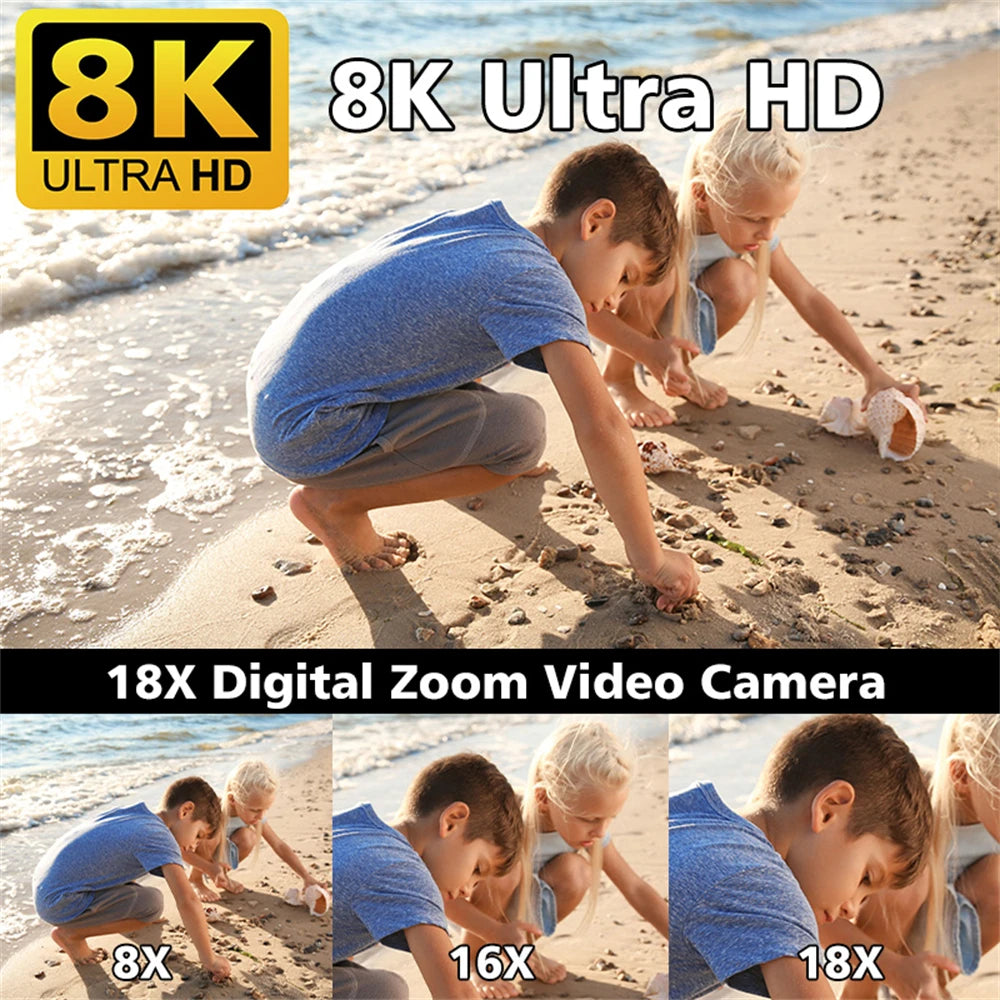 Câmera de vídeo 8K, tela LCD sensível ao toque de 3 polegadas, 60 FPS/64 MP, zoom digital de 18x, gravadora Ultra HD, Wi-Fi, filmadora portátil