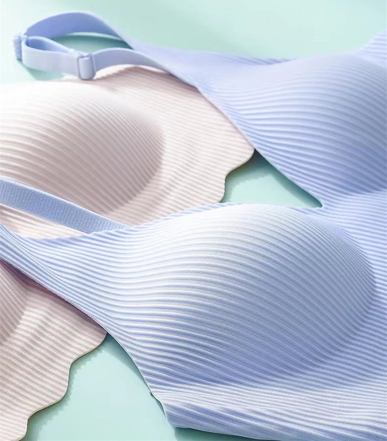 Sutiã feminino sem costura, peito pequeno, design grande e vazado, suporte para roupa íntima, bojo semifixo não removível, sutiã listrado fino de uma peça