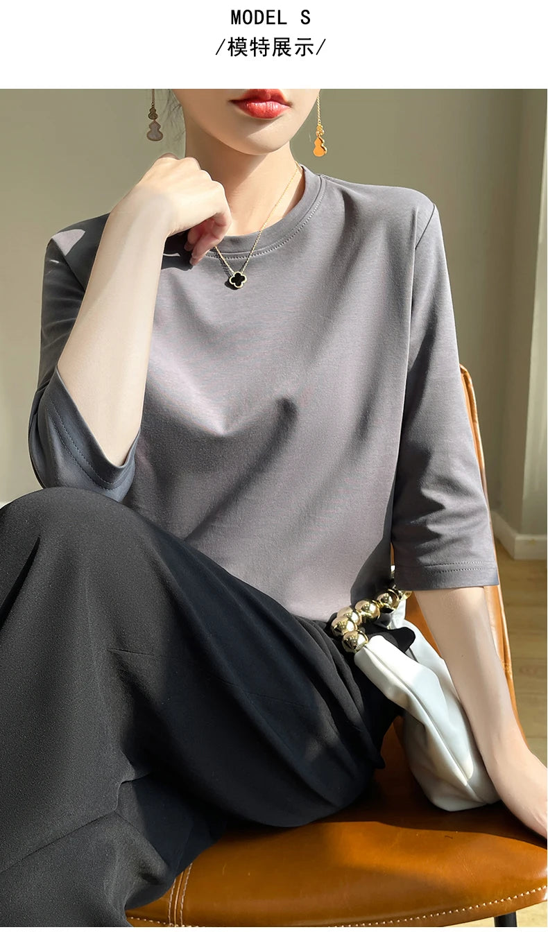 Camiseta feminina de manga curta de algodão mercerizado branco, nova primavera e verão, coringa, algodão, manga curta, camisa