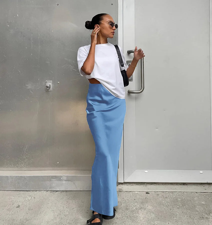 Saias elegantes de cetim preto trompete moda saias finas de cintura alta femininas sólidas escritório saia longa primavera verão