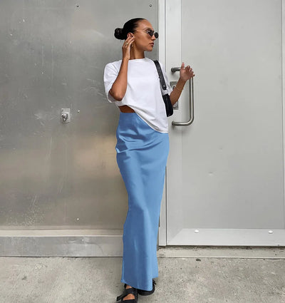 Saias elegantes de cetim preto trompete moda saias finas de cintura alta femininas sólidas escritório saia longa primavera verão