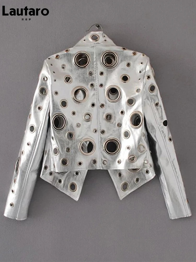 Jaqueta curta de couro sintético Lautaro Runway com recorte dourado e rebite, roupas de grife estilosas e estilosas para mulheres, moda europeia e americana 2022