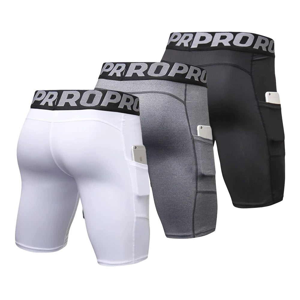 Shorts de ginástica masculino com bolsos, leggings de compressão para treino, cuecas boxer de poliéster para corrida, basquete, meia-calça esportiva