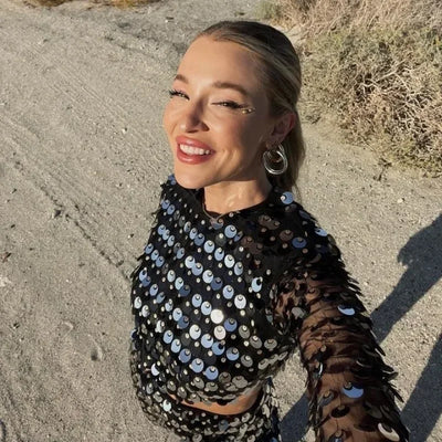 Vestido novo primavera/verão 2024, moda feminina, cor sólida, lantejoulas, manga flare, vestido feminino sexy, gola redonda, irregularular Mini Dress