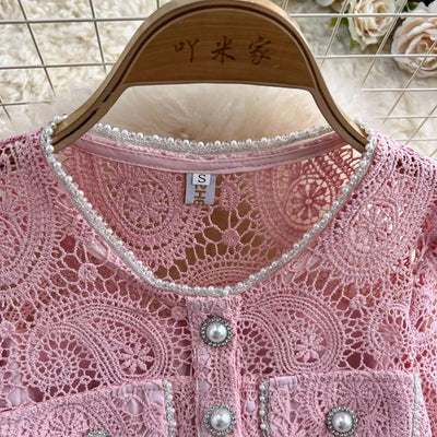 Elegante vestido longo de pérolas, conjunto feminino de 2 peças, manga curta, flor, bordado, camisa de renda, saia midi evasê